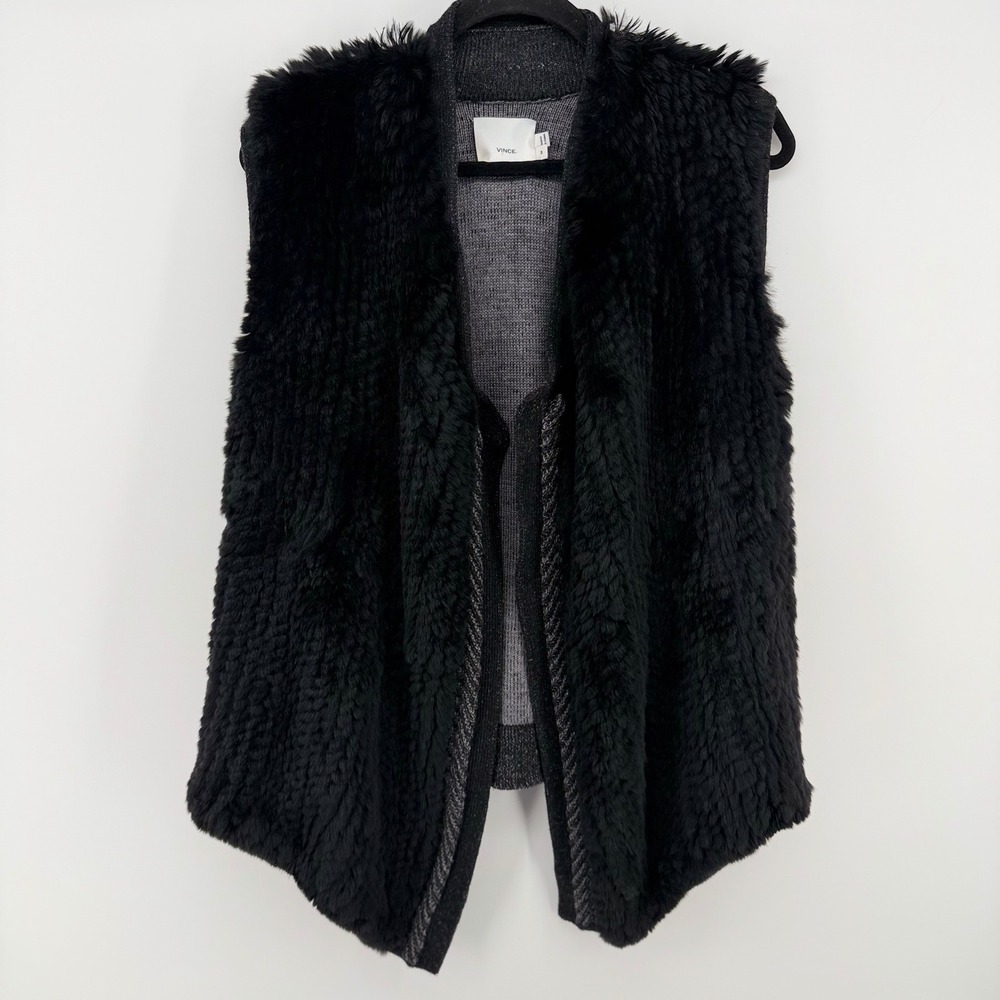 Vince Black‎ Sheared Rex Rabbit Fur Wool Knit Open Front Vest M Medium Luxe